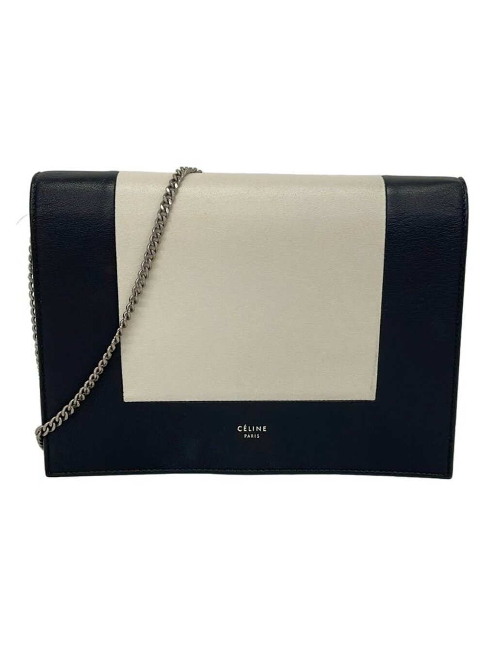 Celine Shoulder Bag Frame Evening Clutch Black Ivory Chain Leather